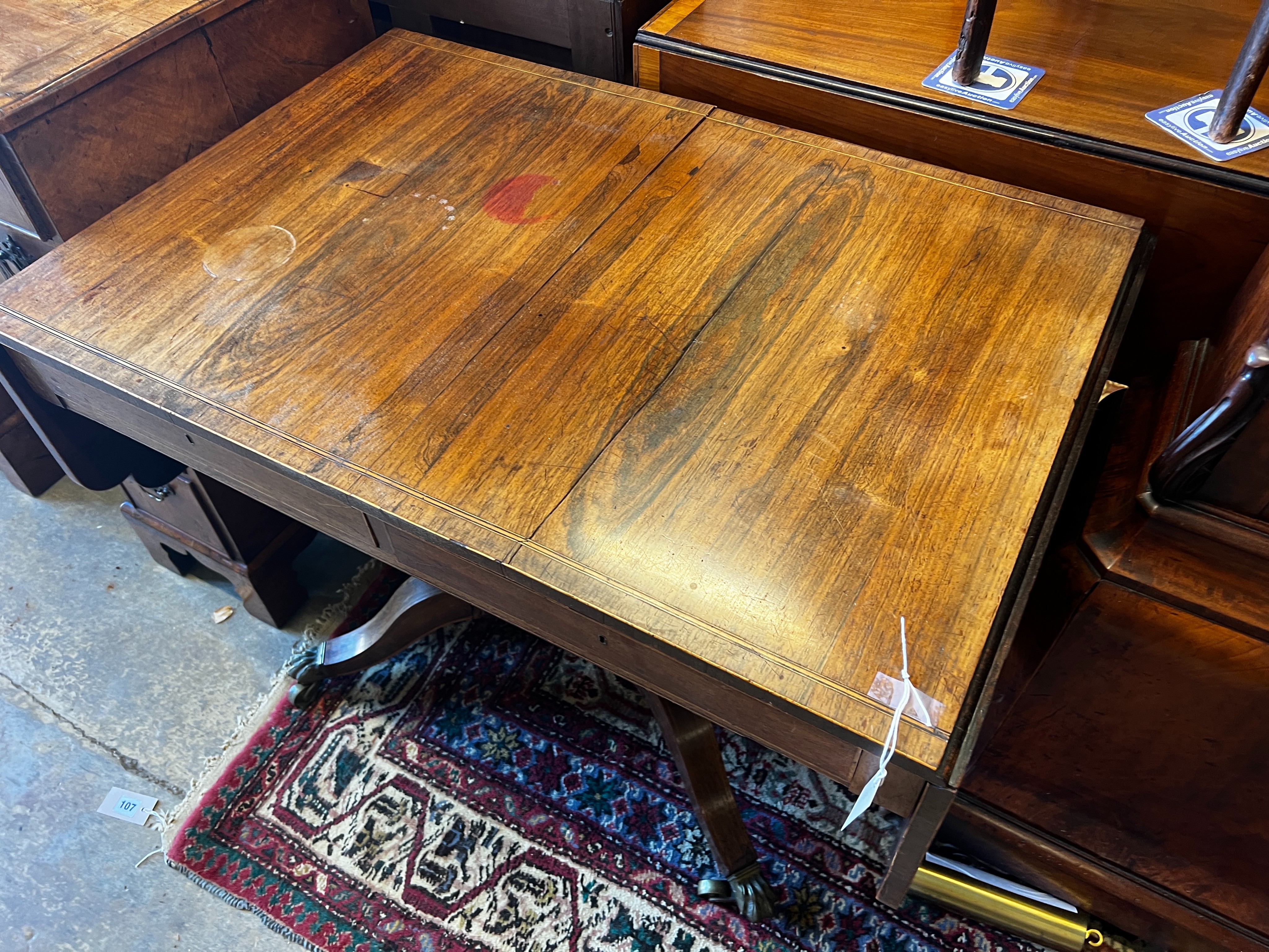 A Regency boxwood strung rosewood sofa table, width 91cm, depth 61cm, height 69cm